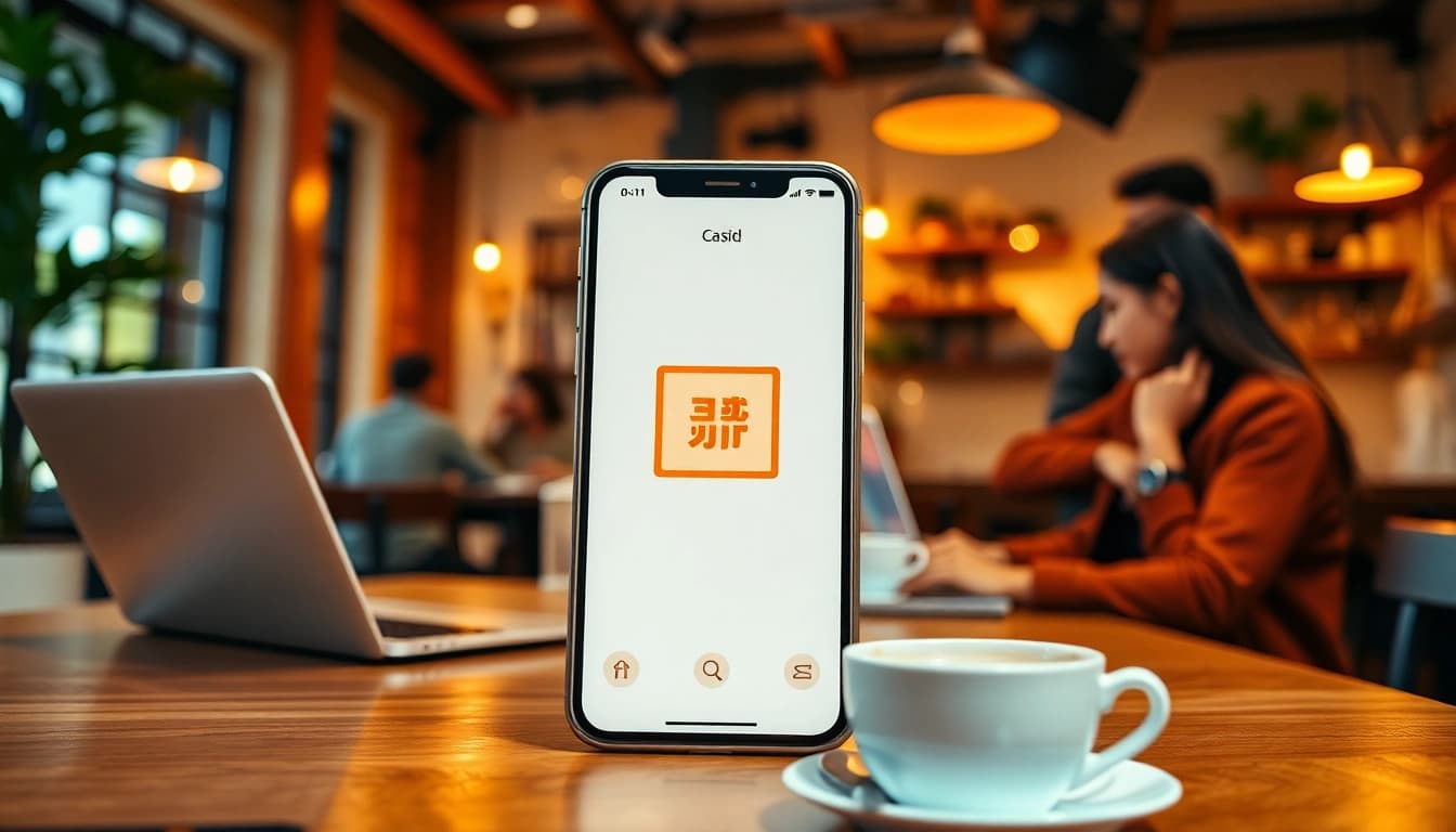 快连官网 app interface displayed on a mobile device in a cozy coffee shop.