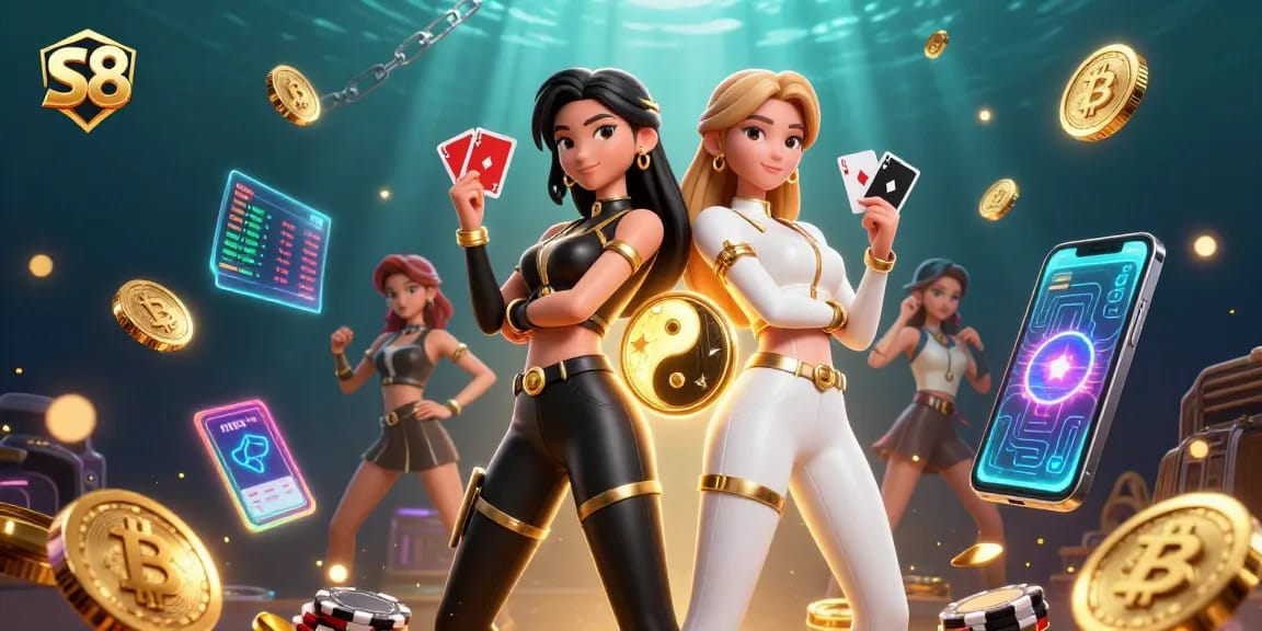 Experience thrilling gambling excitement with S8's vibrant casino scene featuring twin Asian women.