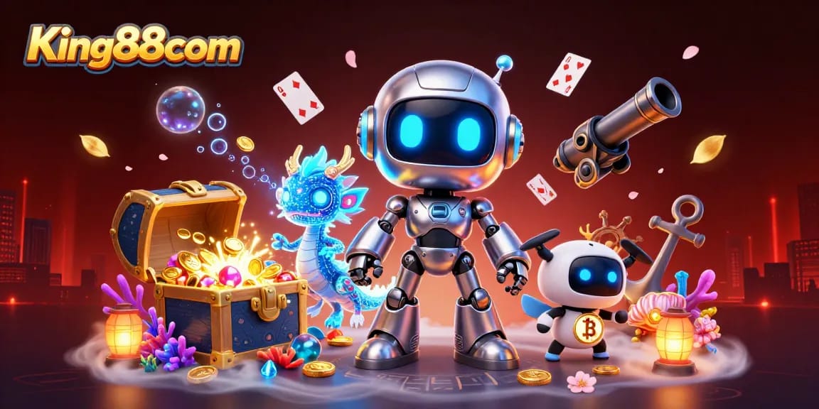Experience thrilling gaming at King88com with a vibrant 3D illustration showcasing a cyberpunk robot and treasure elements
