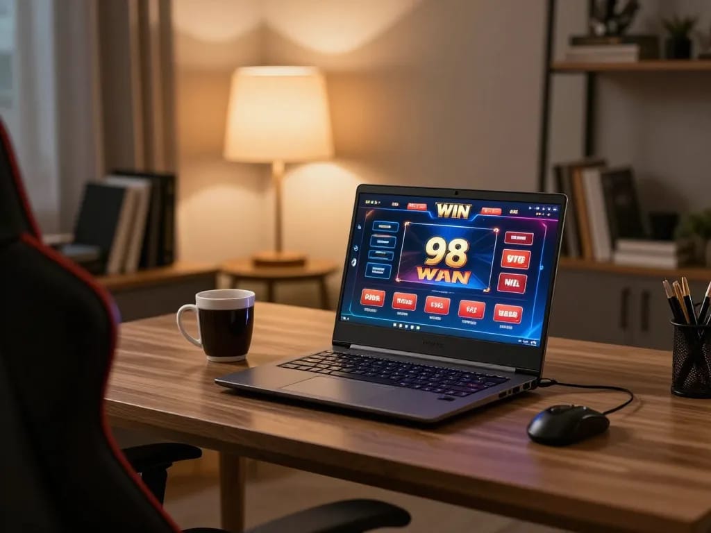 Engaging with 98 WIN through a stylish online casino setup, highlighting the interactive gaming experience.