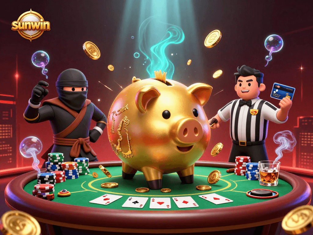 Engage with sunwin at a vibrant casino showdown featuring a golden piggy bank sumo wrestler.