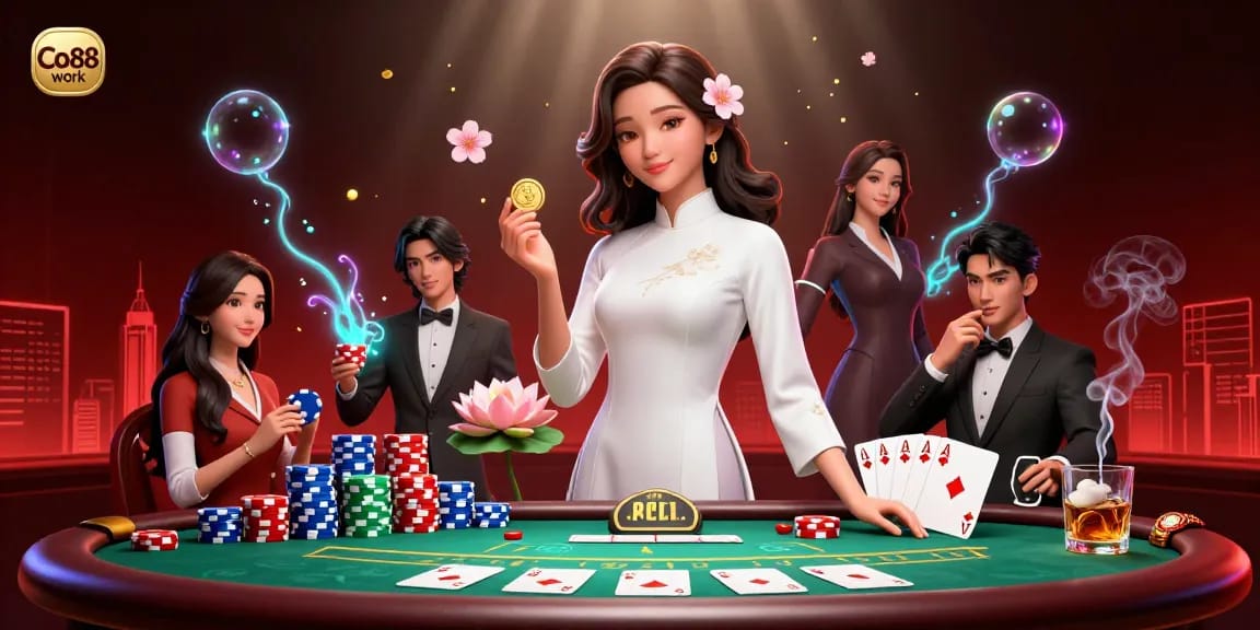 Engage in the thrill of Co88 work at a vibrant poker table surrounded by mesmerizing casino elements.