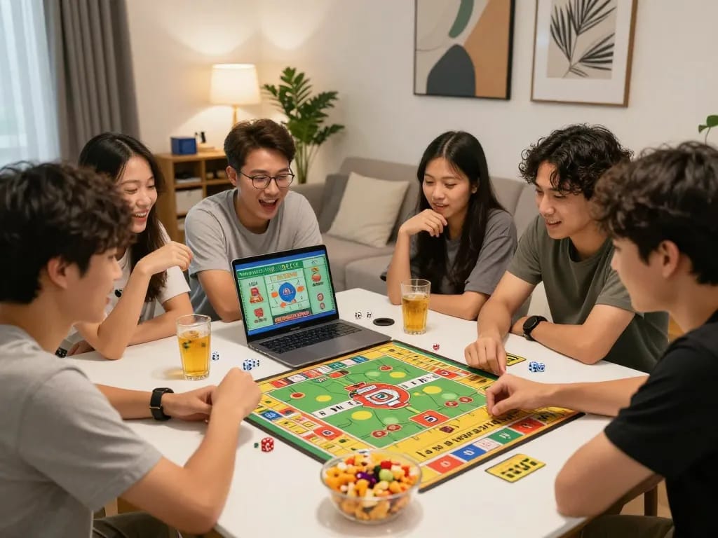 Tài xỉu md5 game night with friends enjoying snacks and lively conversation.