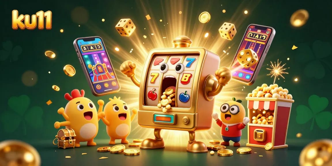 ku11 celebrates a jackpot win with a golden slot machine, pouring coins amidst a lively casino scene.