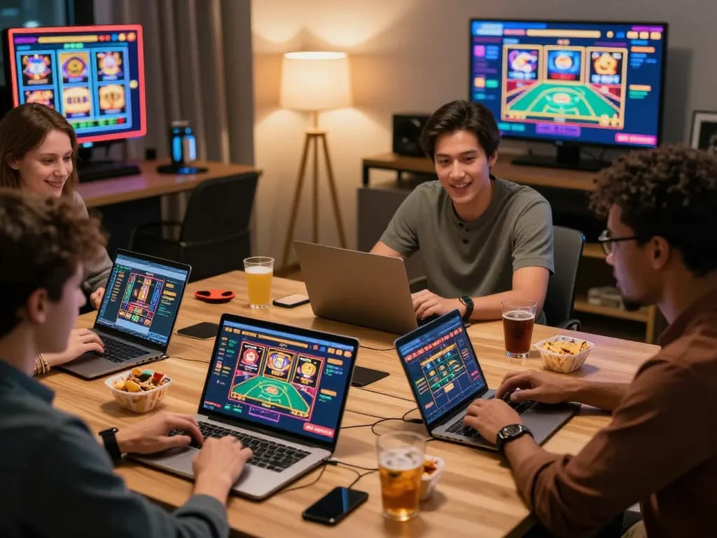 Enthusiastic players engaging with TOP88 live casino online in a lively home office setting.