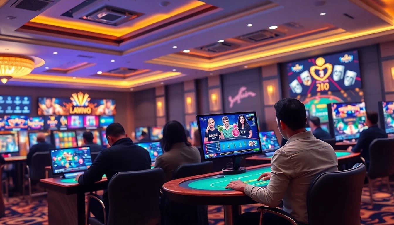Engaging scene of players enjoying the online casino and sports betting experience at 98win, showcasing casino games and dynamic activities.