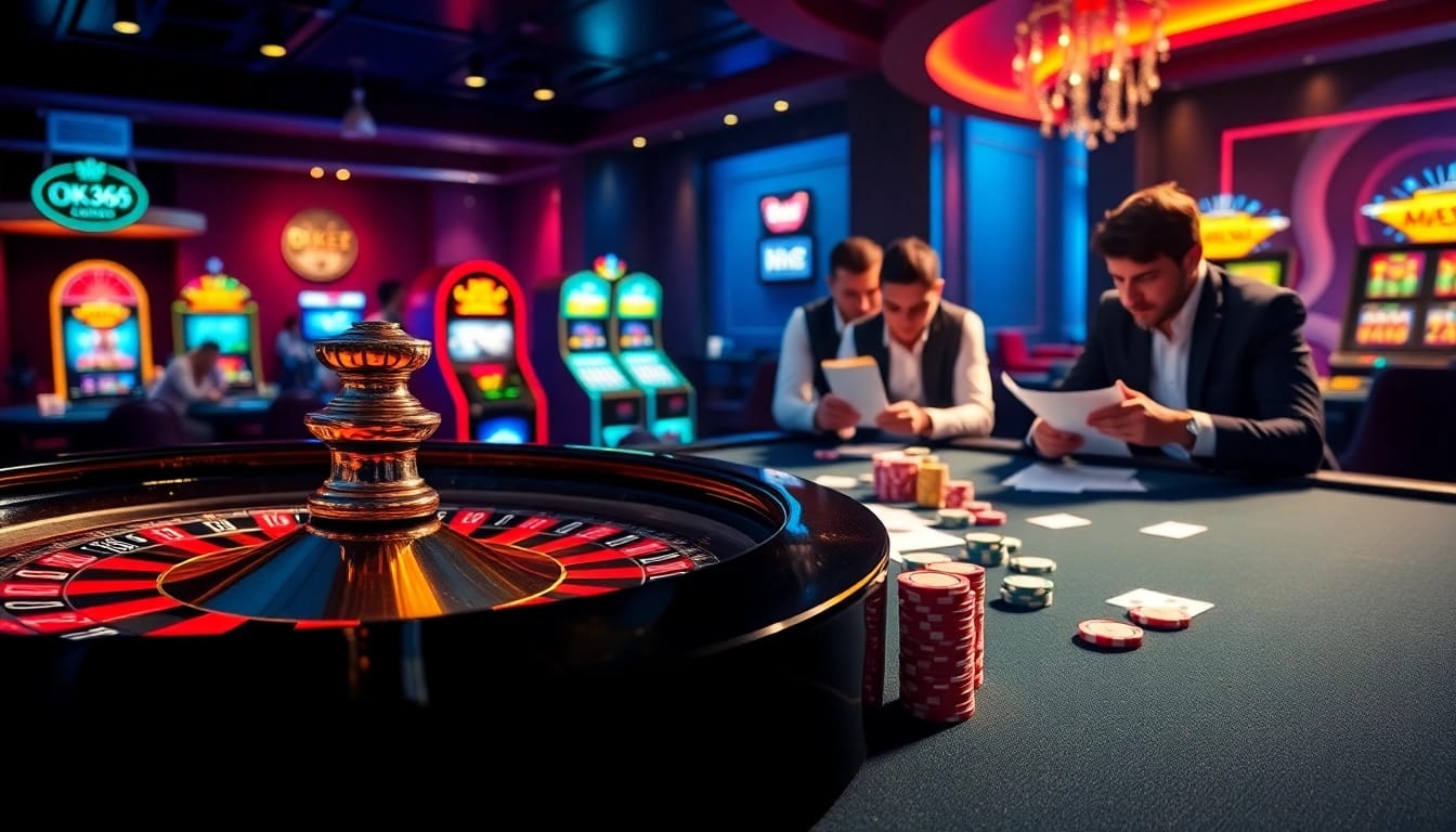 Players engaging at the OK365 casino table with vibrant chips and a spinning roulette wheel.