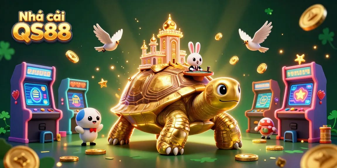 Engage with Nhà cái QS88's vibrant casino experience, featuring a golden tortoise casino and animated coins.