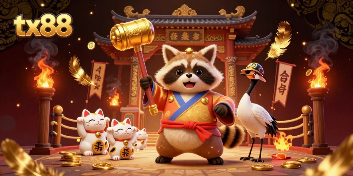 Engage with tx88's vibrant casino scene featuring fun tanuki and friends amidst gold and festive decor.