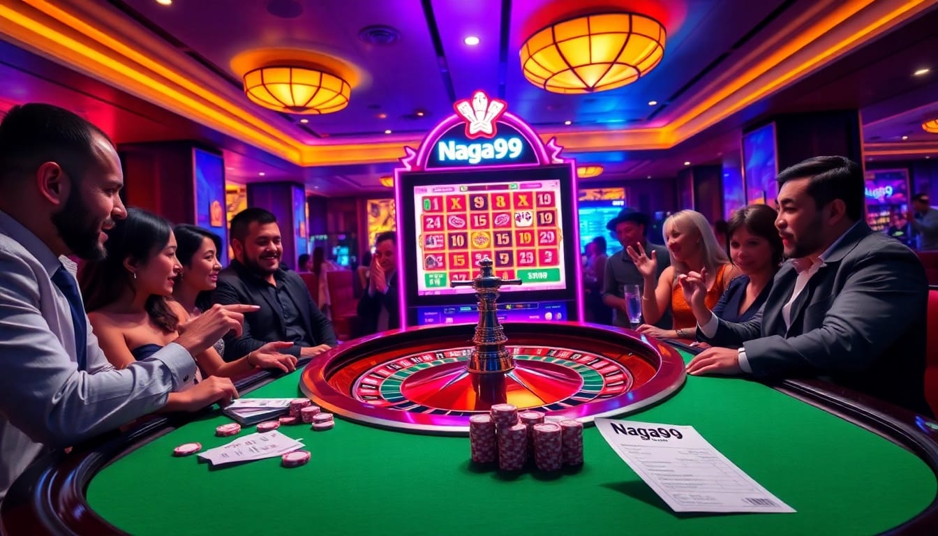 Naga99 slot machine mesmerizing players at a vibrant casino, showcasing excitement and luxury.
