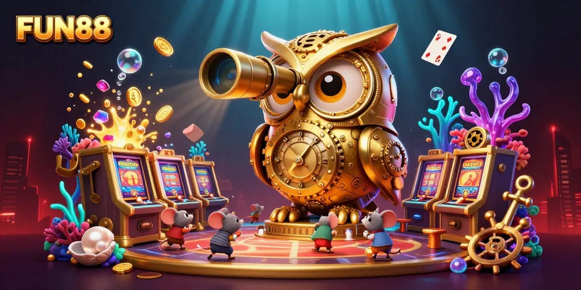 Engage with FUN88 as the golden owl scans a vibrant casino, surrounded by animated gaming elements.