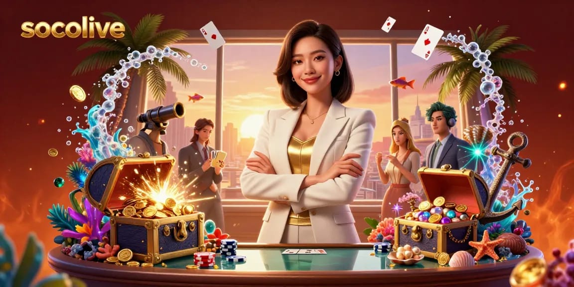 Socolive enhances the betting experience with a golden deck of cards and poker chips in a vibrant casino scene.
