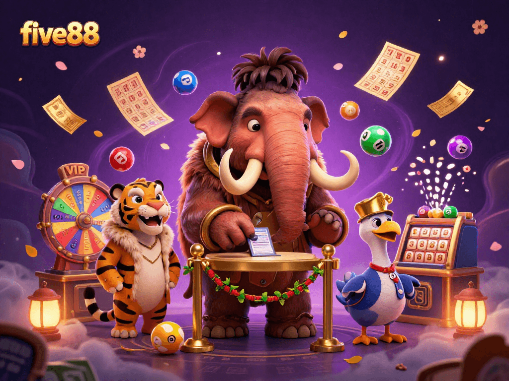Experience thrilling casino excitement with five88's dynamic lottery scene featuring engaging characters.