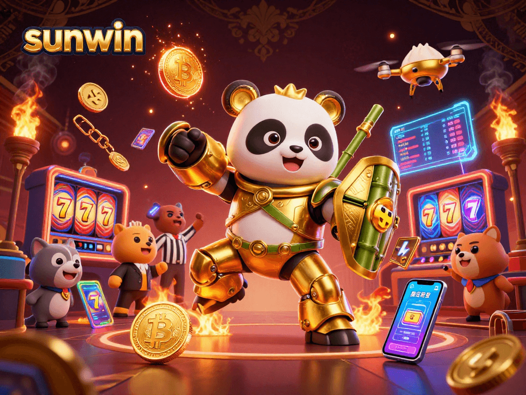 Experience the excitement of sunwin with a dynamic casino scene featuring a mech-suit panda!