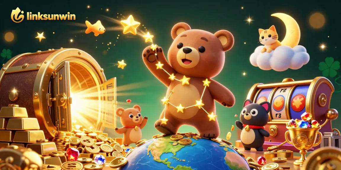 Engage with linksunwin's vibrant casino world featuring a constellation bear scooping up riches.