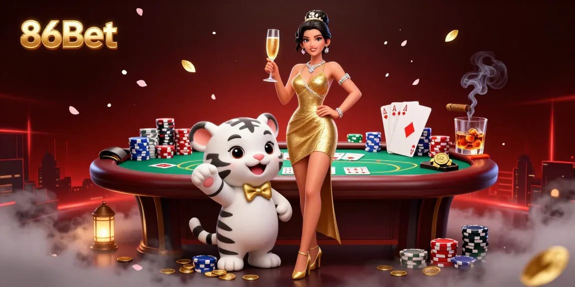 Experience the excitement of 86Bet with a glamorous scene of gaming, poker chips, and a lucky tiger.