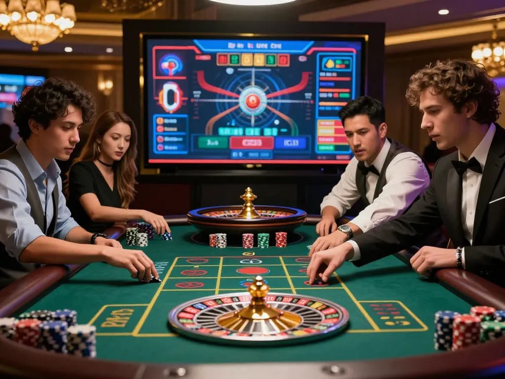Nohu 90 players strategizing at an exciting roulette game in a vibrant online casino setting.