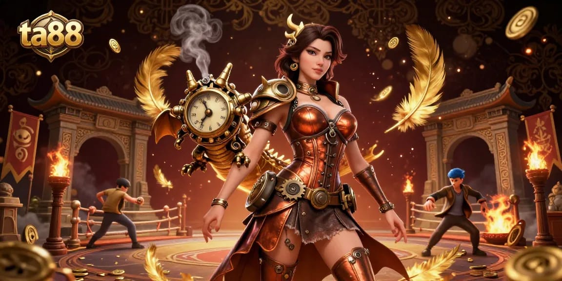 Experience thrilling action with ta88 as a woman in steampunk attire interacts with a vibrant clockwork dragon in a rich casino environment.