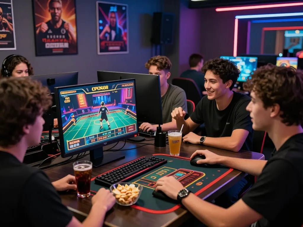 Gaming friends enjoying live casino action on OPEN88 platform in a vibrant atmosphere.