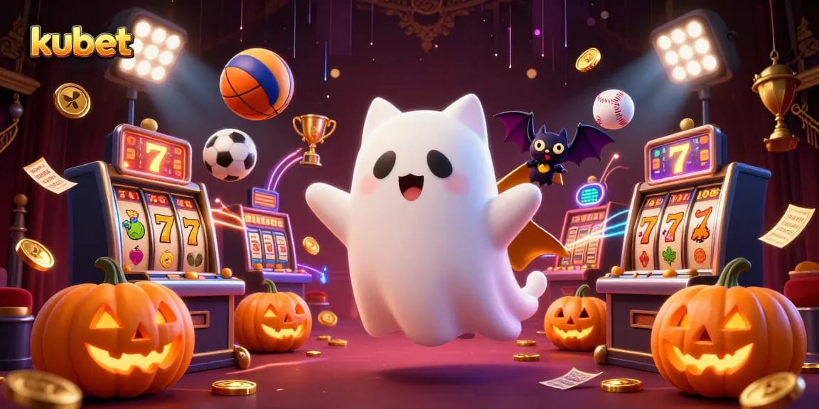 kubet-themed digital illustration featuring a ghost cat and sports elements in a haunted casino.