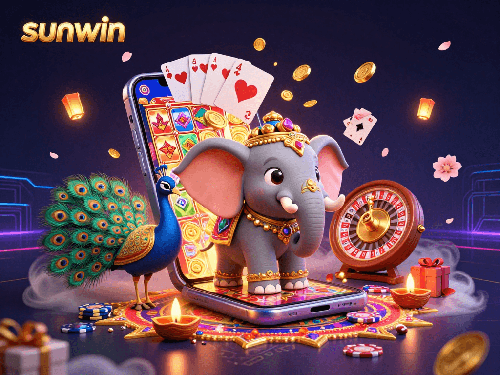 Engage with sunwin's vibrant casino magic featuring an elephant, peacock, and dynamic gaming elements.