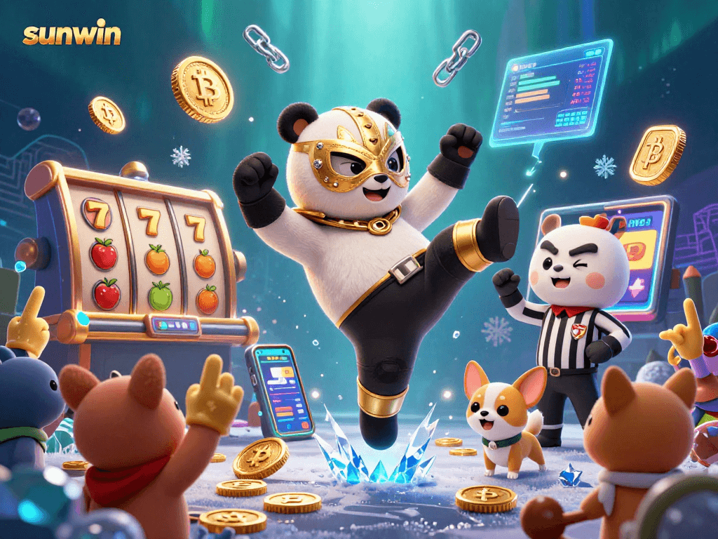 Experience sunwin gaming with thrilling slot action featuring a panda wrestler in a lively casino.