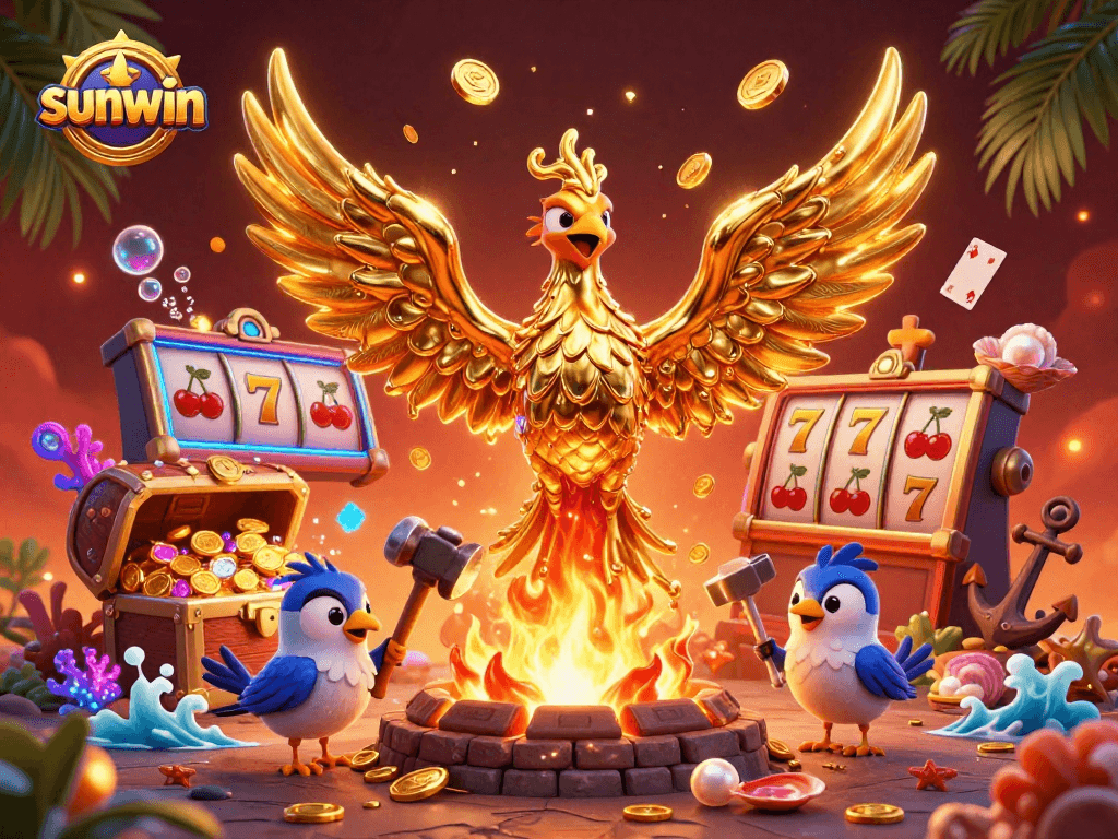 Spin the reels at Sunwin, featuring a golden phoenix and vibrant slots scene.