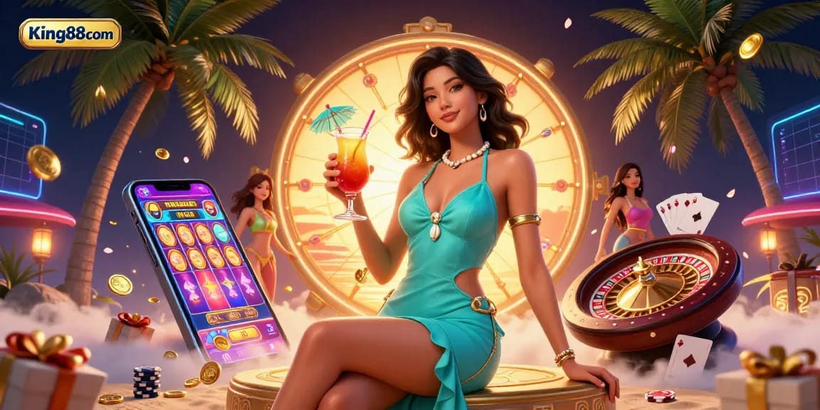 Engage with King88com in a vibrant tropical casino scene featuring a glamorous Asian woman and dynamic gaming elements.