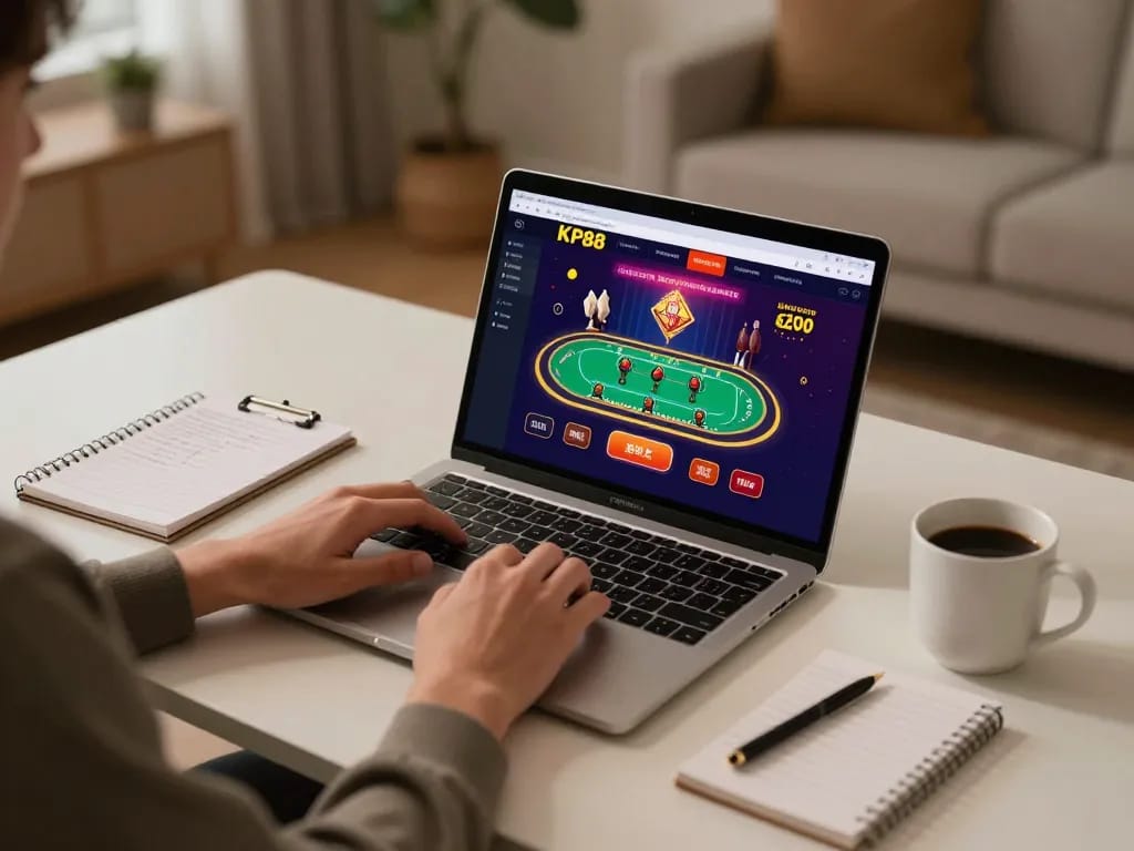 Engaging in KP88 live dealer game on a laptop at home workspace, highlighting an interactive online gambling experience.