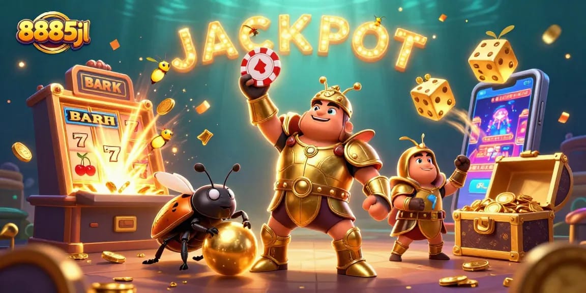 Join the action at 8885jl, where the hercules beetle celebrates while jackpot coins cascade down.