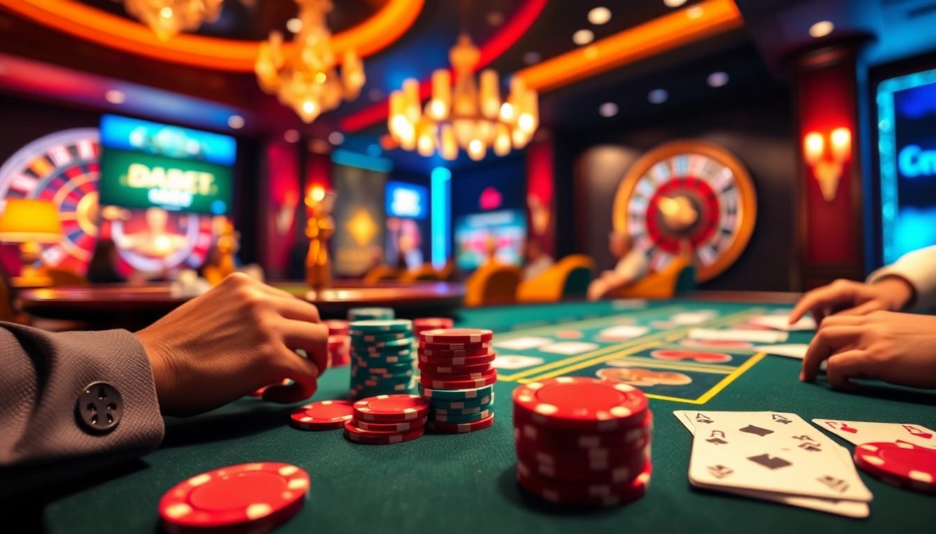 Exciting gaming action at a sophisticated poker table showcasing https://dabet.codes/ with vibrant chips and playing cards.