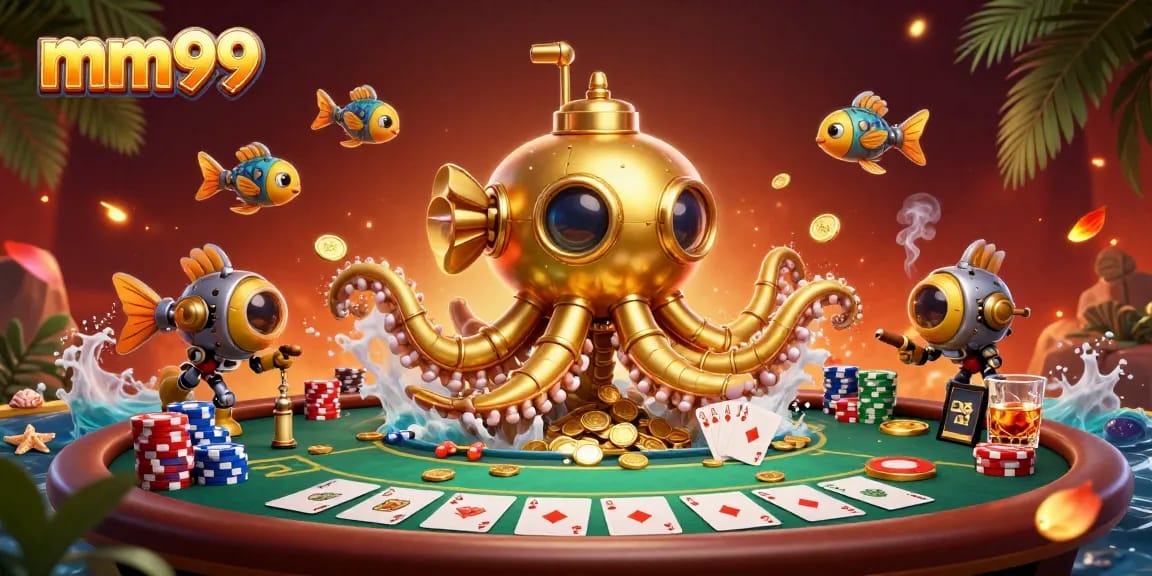Experience mm99 with a golden submarine and poker action amidst a treasure of coins.