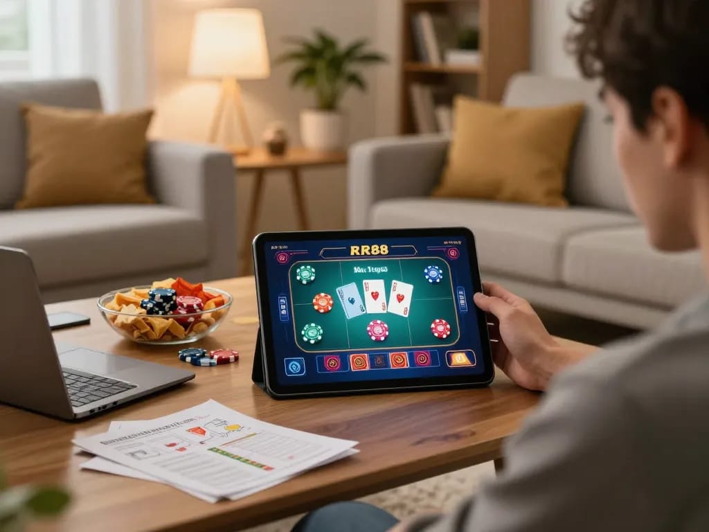Player using the RR88 apk on a tablet in a cozy home setting, highlighting online gambling enjoyment.