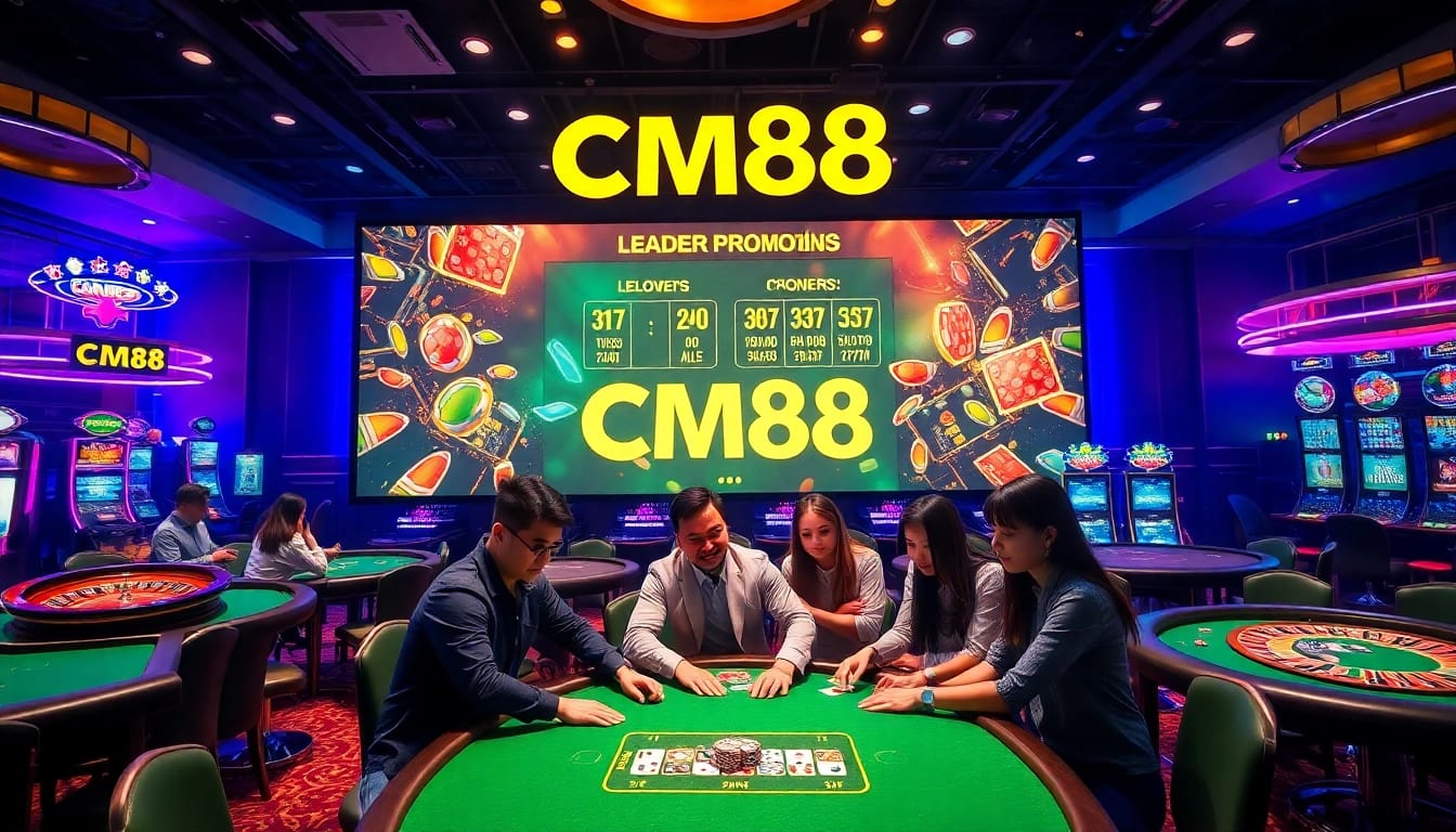 Players enjoying a thrilling poker game at CM88 casino with vibrant lights and promotions.