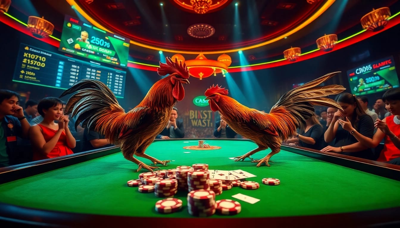 Engage in thrilling bets at https://cm88bet.us/da-ga-cm88/ with an immersive cockfighting match scene.