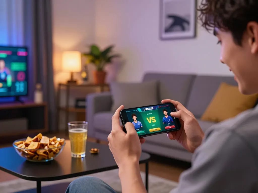 Experience live sports betting on Vin88 with dynamic smartphone interaction in a modern home.