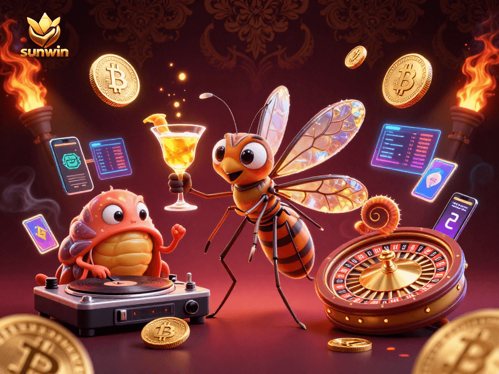 Engage with sunwin’s dynamic casino experience featuring a lively 3D illustration of characters and crypto elements.