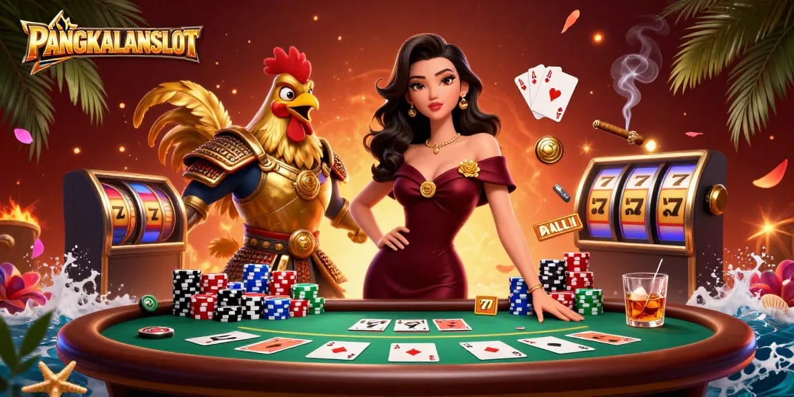 Experience the excitement at PANGKALANSLOT with a vibrant 3D casino illustration featuring poker and slots.