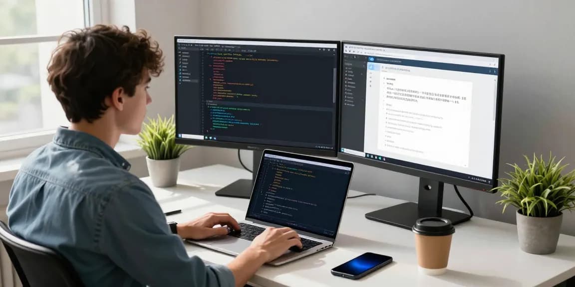 Developer adjusting Telegram Chinese settings at a modern workspace.