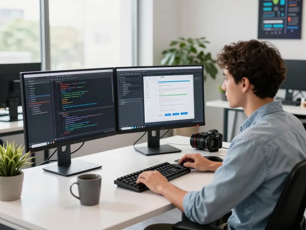 Developer coding on dual screens in a modern workspace with tech features, highlighting da88 com.