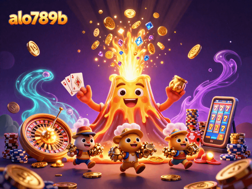 Experience the excitement at alo789b with a dynamic 3D illustration of a golden volcano erupting coins and treasures!