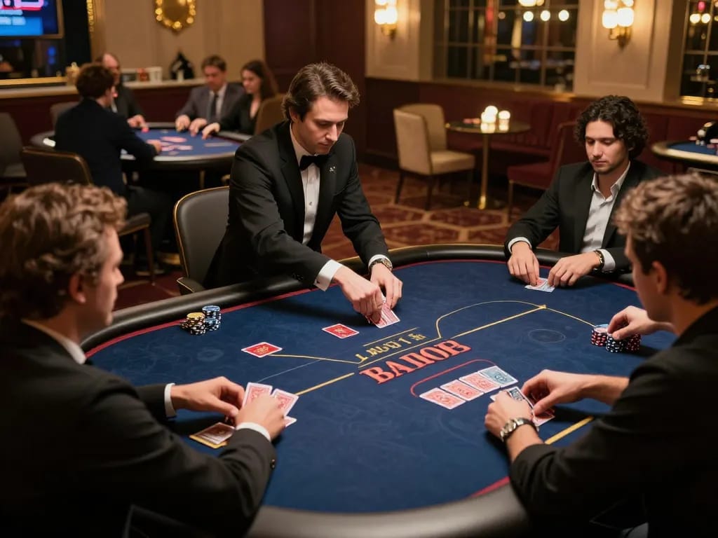 Players at VIP66 poker table enjoy an intense game with a professional dealer in an upscale casino setting