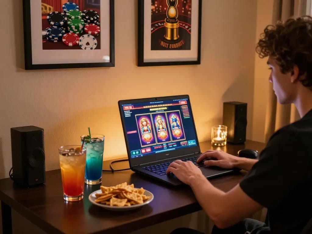 Engaging in online slot gaming on a laptop at a cozy home setup, with 88VV visible on the screen.
