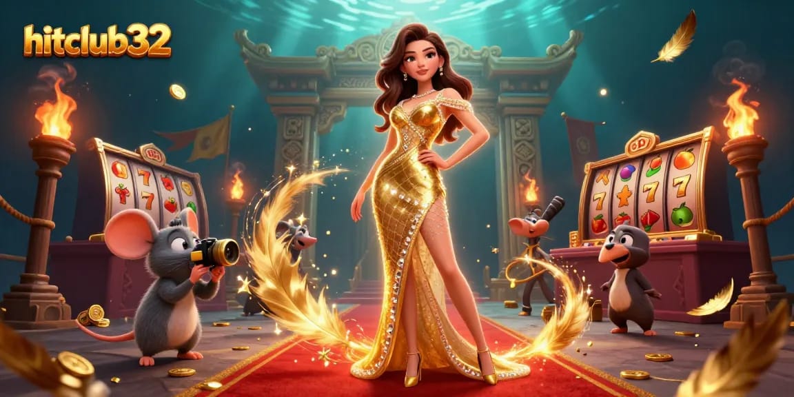 Win big at hitclub32 with vibrant casino-themed 3D illustration showcasing exciting slot elements.