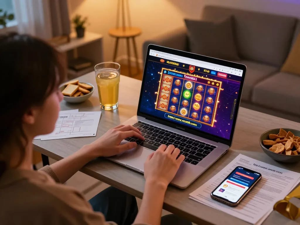 Engaging online gaming scene at home with laptop showing https://www.mnm88.com/ slot game, showcasing vibrant visuals and comfortable atmosphere.