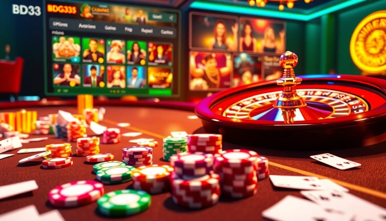 BDG33 casino table scene showcasing chips and cards in a vibrant, exciting atmosphere.