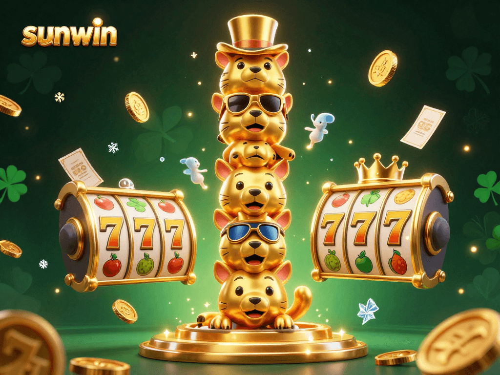 Spin to win big with sunwin in an exciting slot machine casino scene filled with golden coins.