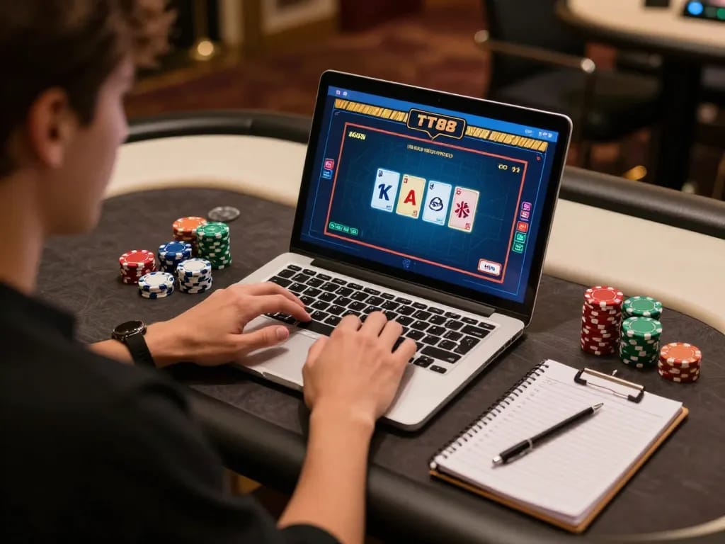 Player engaging in TT88 live dealer games on a sleek laptop, showcasing strategic gambling environment.