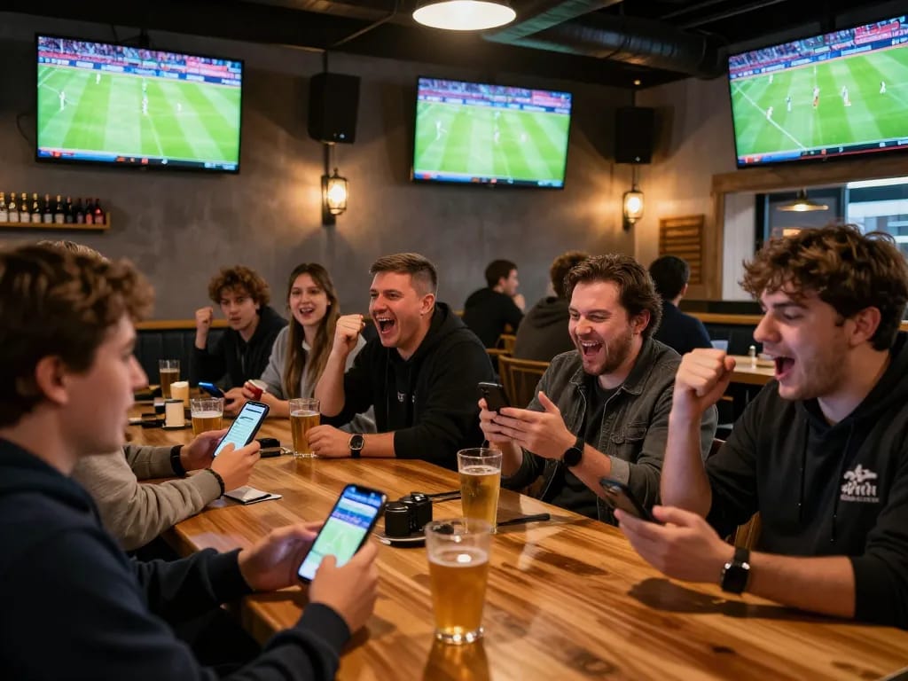Cakhiatv users actively engaging in live football betting at a lively sports bar.