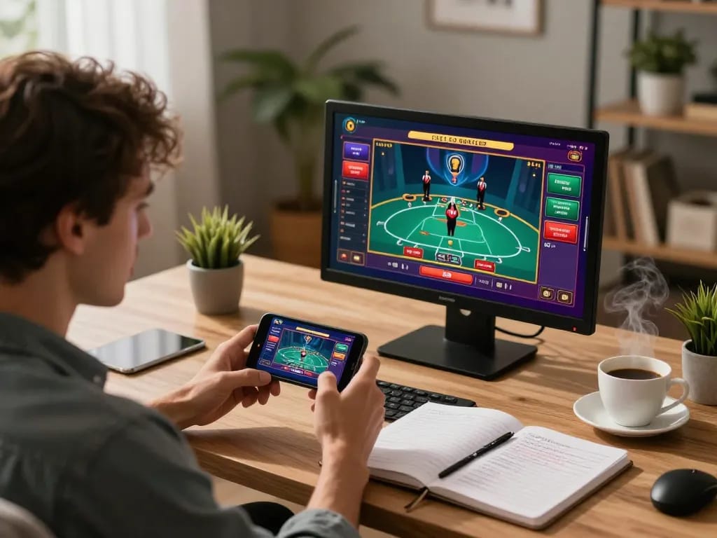 Engaging home gaming scene featuring 98win trang chủ on smartphone, showcasing strategic betting atmosphere